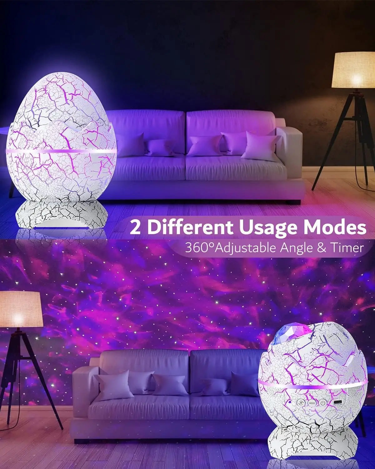 Projecteur d’étoiles lumineux de nuit en forme de galaxie d’œuf de dinosaure, œuf blanc sphérique lumineux, avec un design fissuré et un éclairage LED violet.
