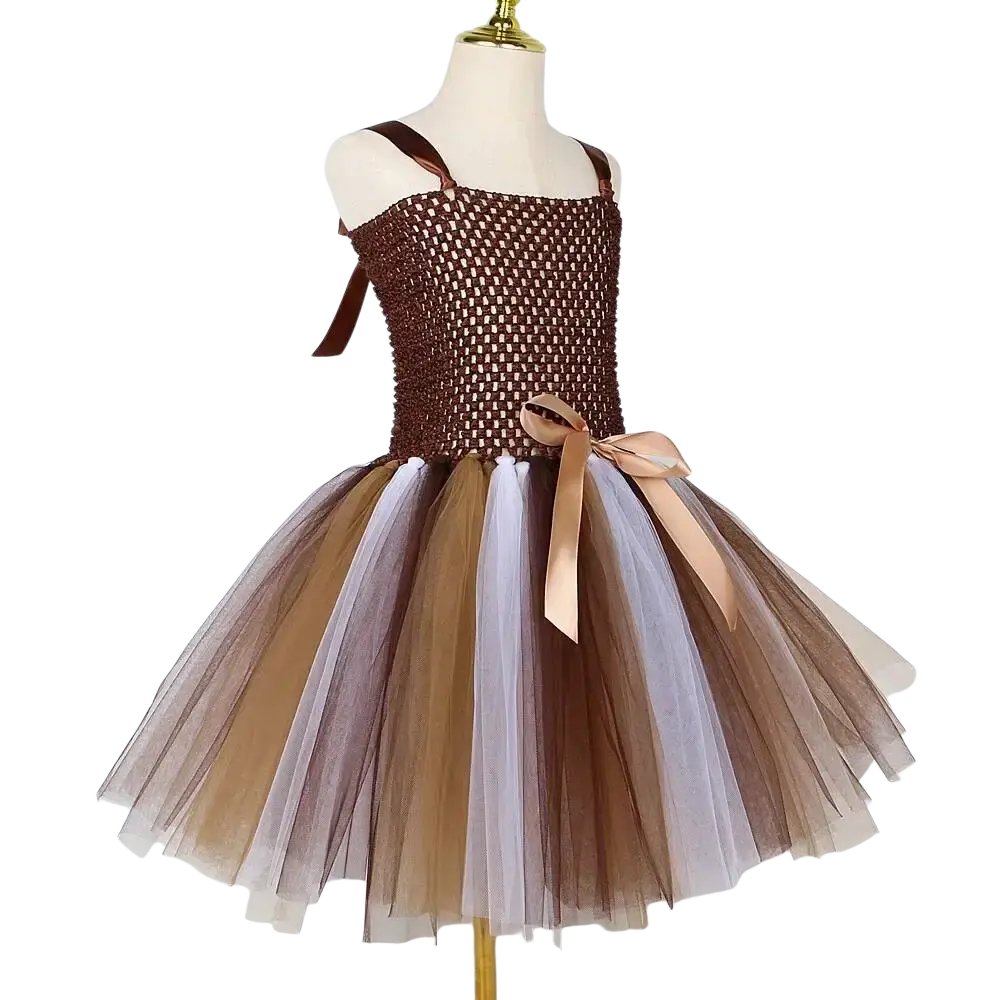 Front view of a jungle lion fancy dress for baby girls kids with brown mesh bodice and layered tulle skirt