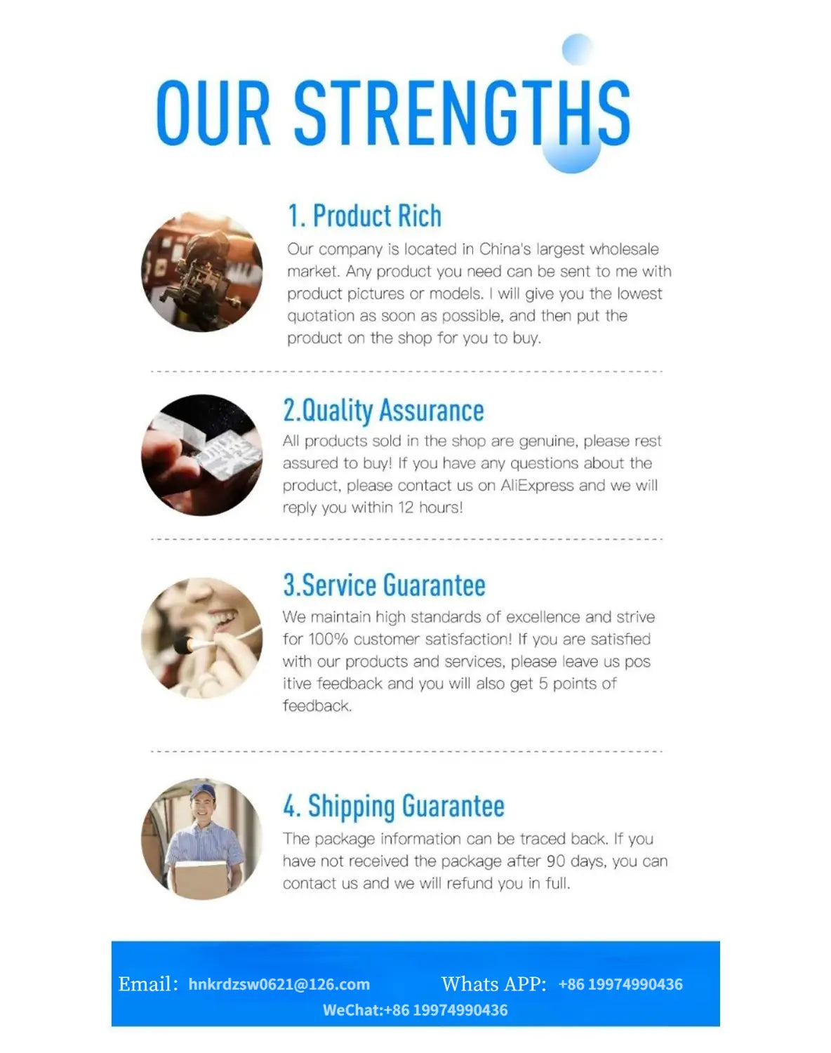 Blue bold text reading our strengths displayed at the top of a white background promotional page for a badminton scoreboard stand with wheels.