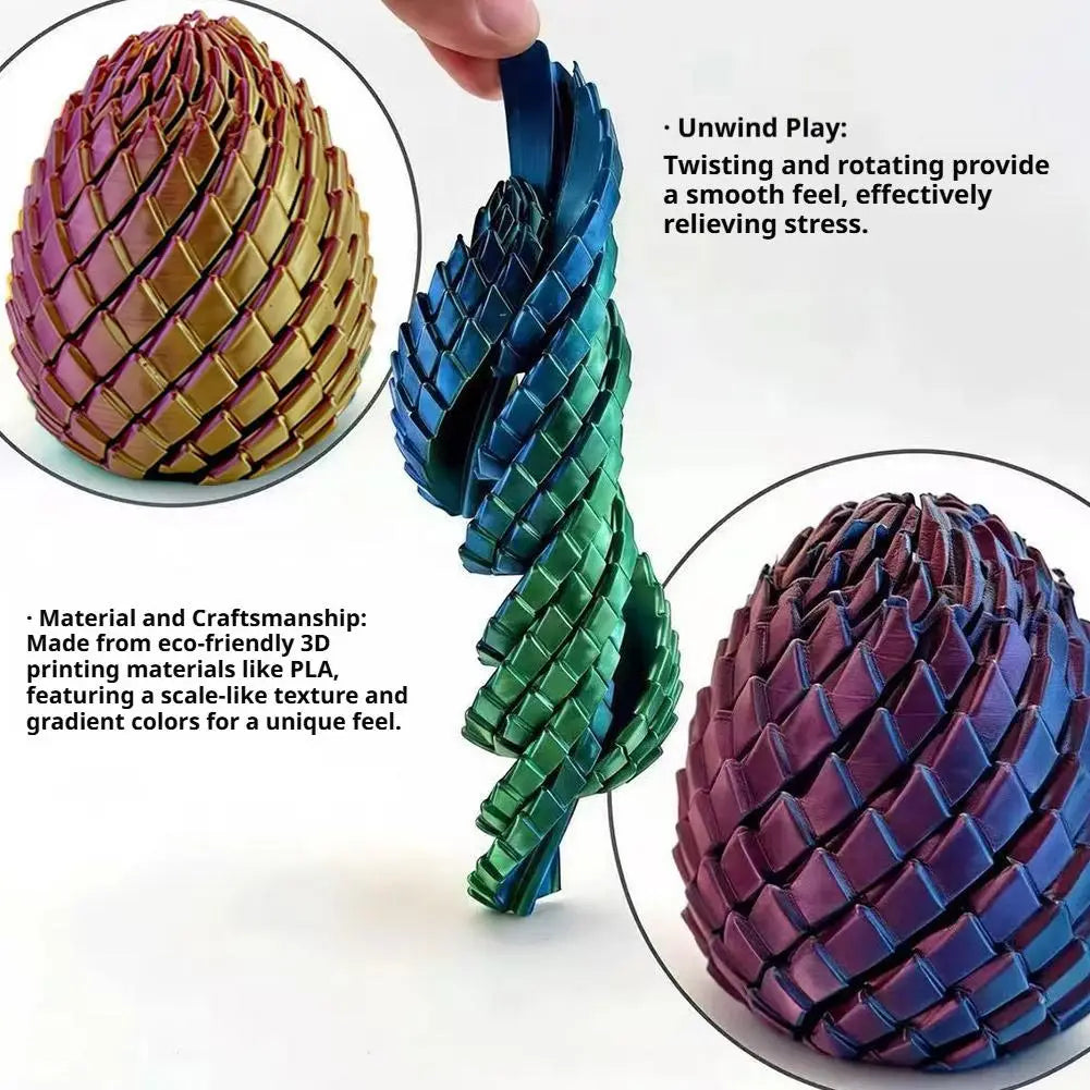 A colorful printed dragon egg fidget toy with gradient scale-like pattern and woven texture viewed from the front.