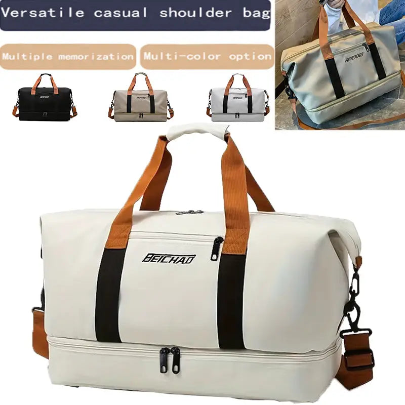 Sac bandoulière crème Beichao avec accents camel et noirs, comprenant un corps en tissu durable et une bandoulière réglable, conçu comme un sac de sport de voyage Oxford weekender duffle de fitness.