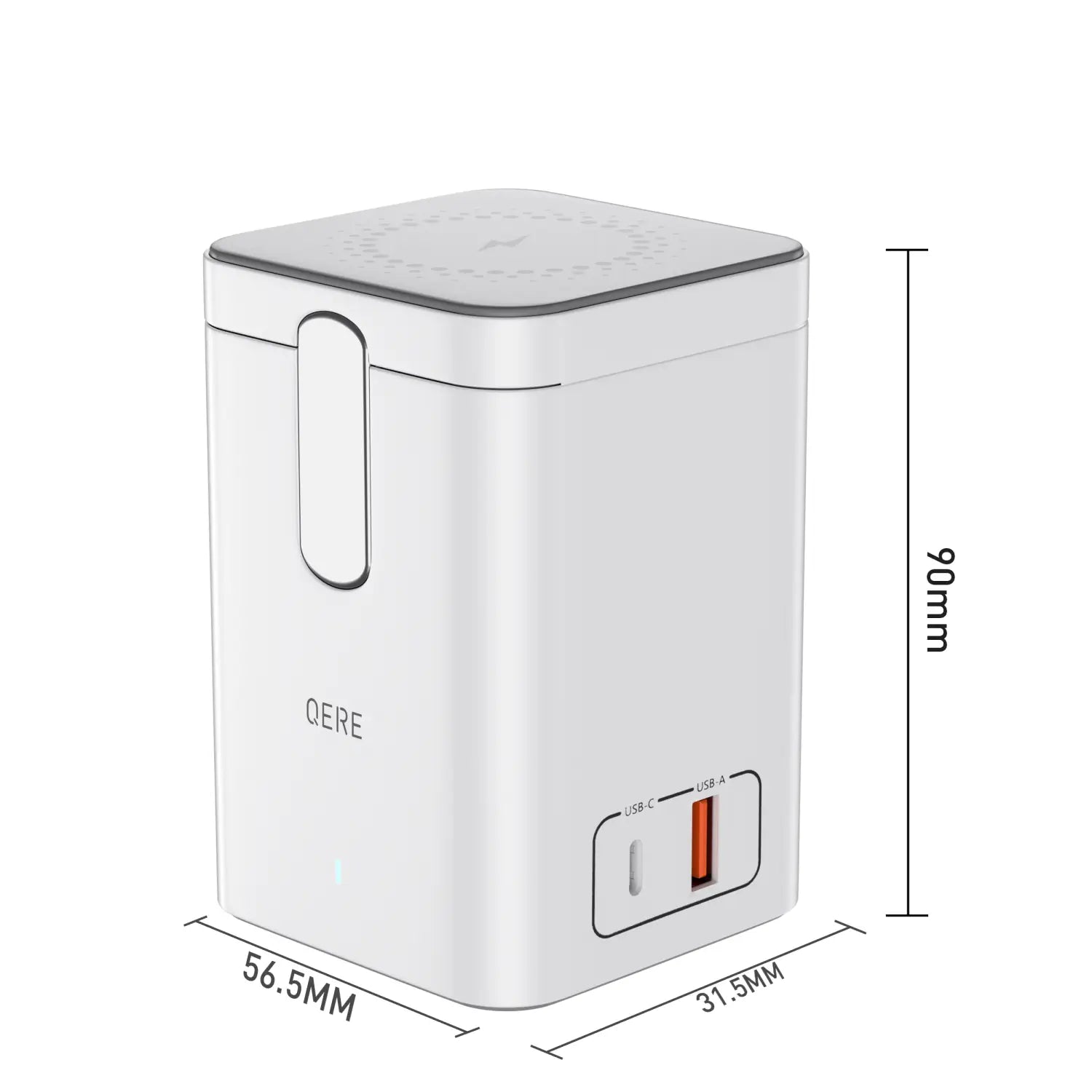 Weiße Qere-Marke kompakte Powerbank mit schlankem rechteckigem Design, mit USB-C- und USB-A-Anschlüssen auf einer Seite für die Magnetische Wireless-Lade station 65 W.