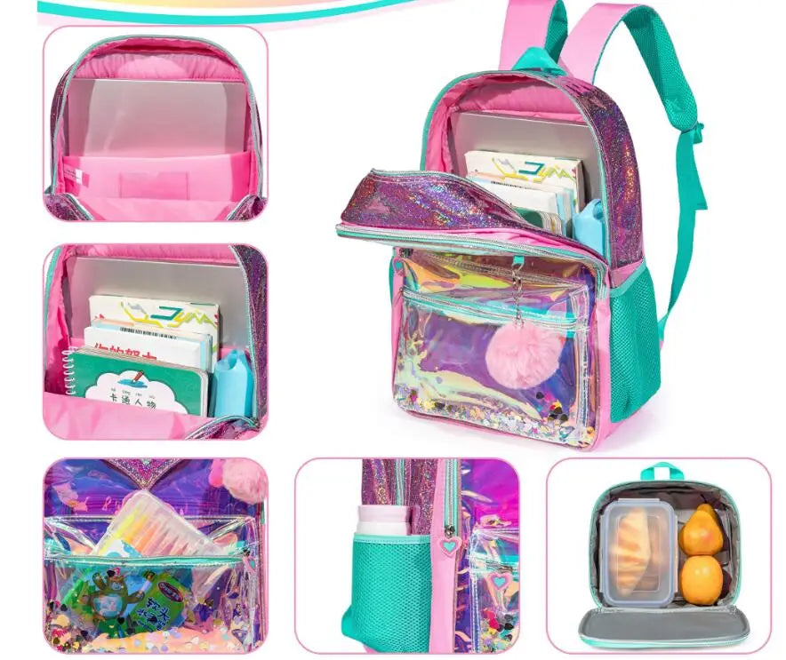 Schulrucksack-Set für Mädchen holografisch mit einem funkelnden pinken und türkisfarbenen Rucksack mit klaren, verschließbaren Fächern und Netz-Seitentaschen.