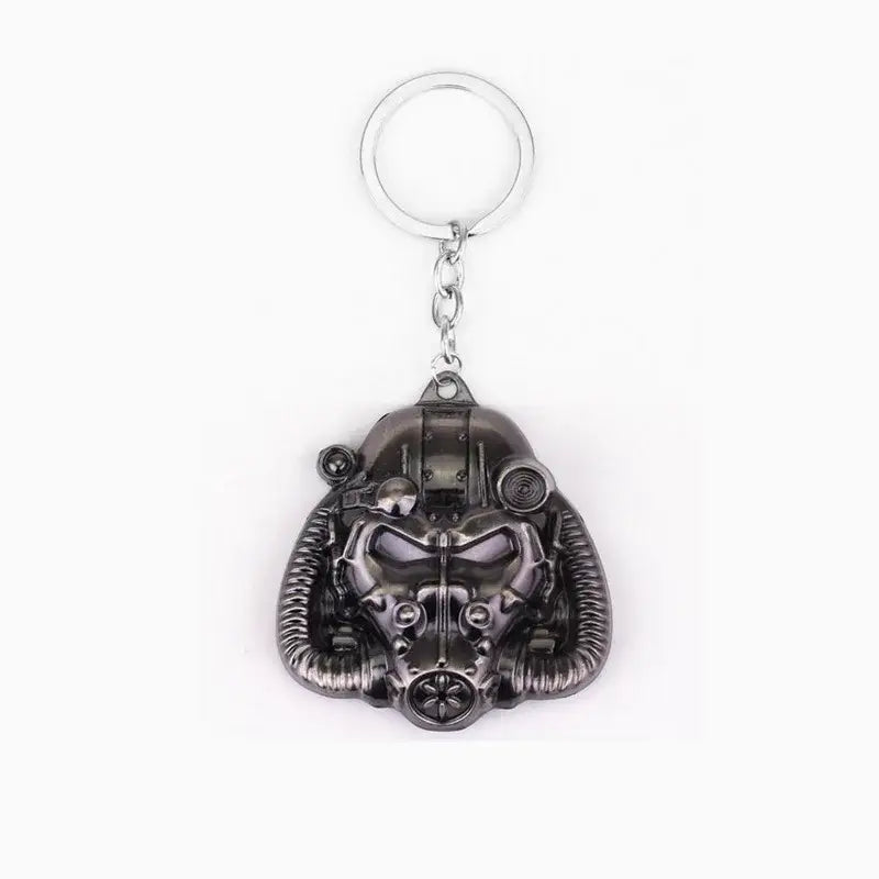 Dark gray metallic fallout power armor helmet keychain featuring a detailed design of the fallout 4 power armor helmet.