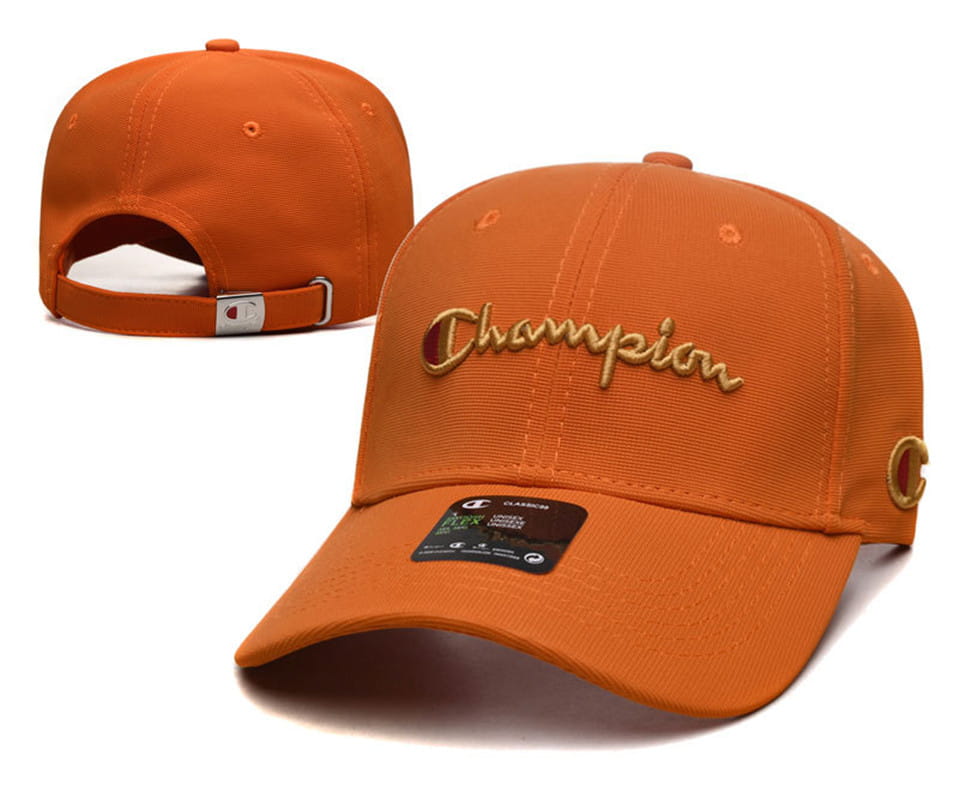 Orange Champion baseball cap featuring a gold embroidered logo and matching side button designed as a unisex summer sun hat.