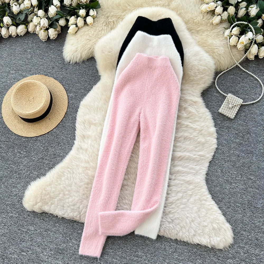 Women Faux Mink Cashmere Leggings High Waist Warm Knitted Thermal Pants Soft Elastic Slim Fit Winter Bottoms Female Casual Home