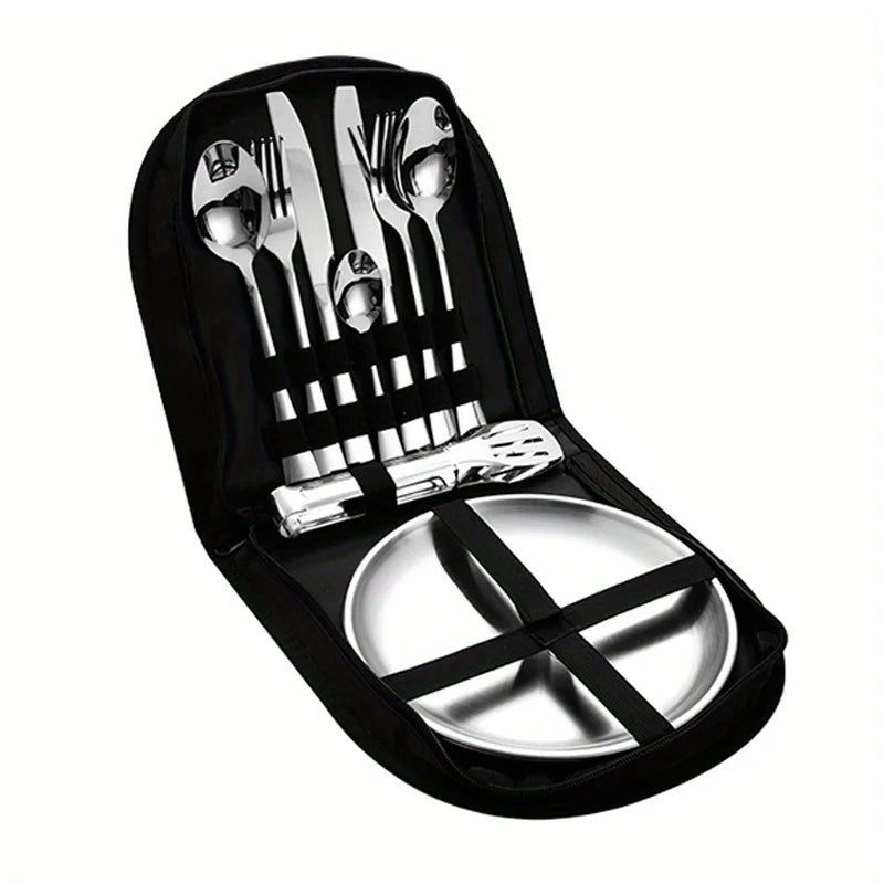 11pcs Stainless Steel Camping Cutlery Set Lightweight Outdoor Dining Tools Including Plates Forks Spoons for Hiking Travel
