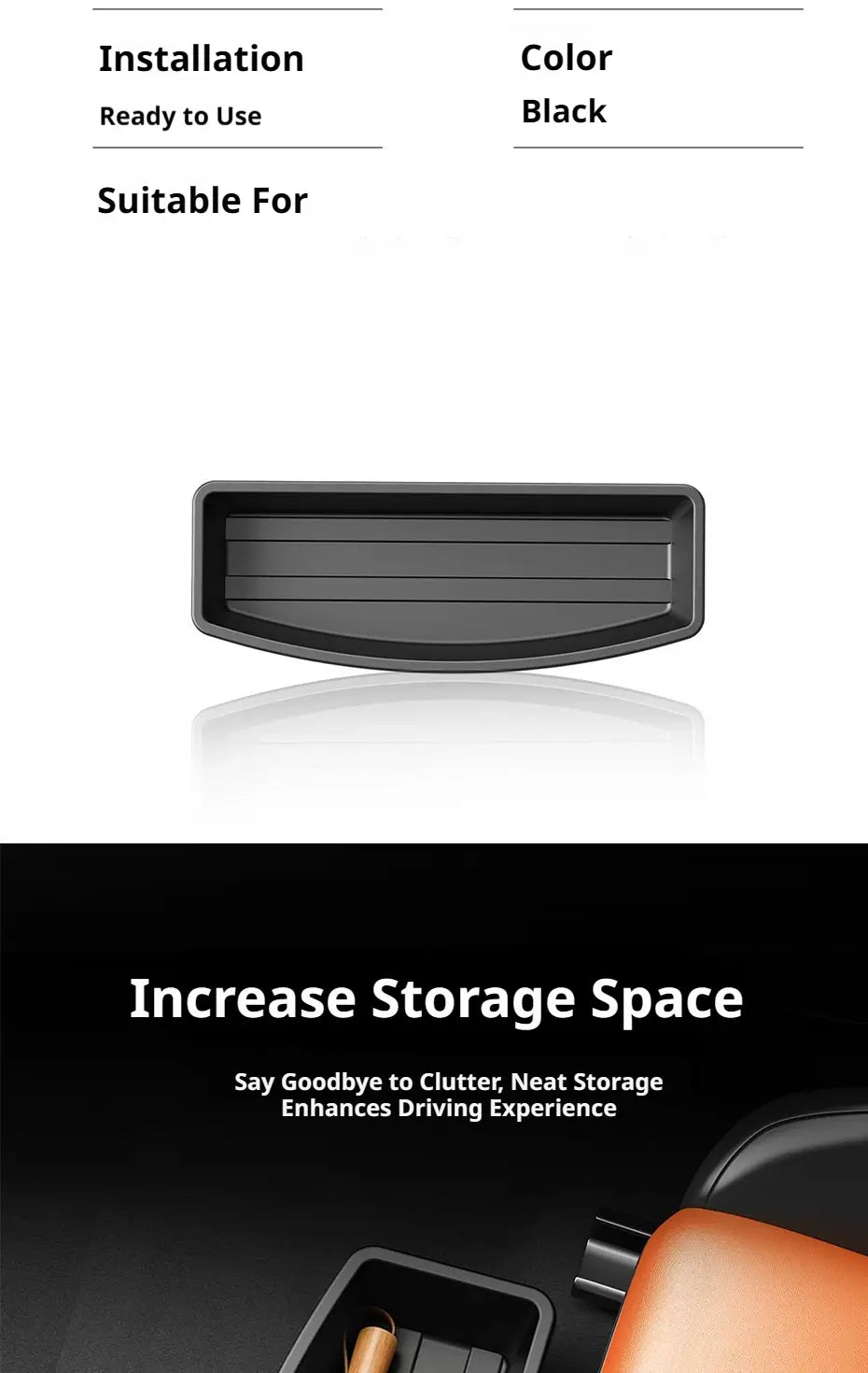Black plastic under seat car storage organizer box with ribbed texture on foot pedal surface for enhanced grip and organization.
