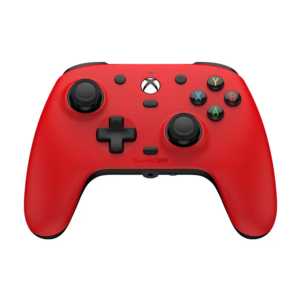 vibrant red gamesir xbox controller with black analog sticks directional pad and colorful action buttons featured in the gamesir g7 magnetic faceplate and accessories kit