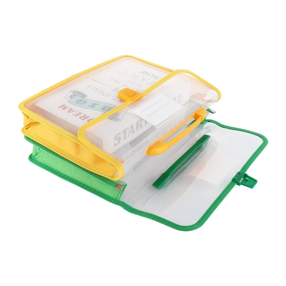 Pochette-sac de rangement pour documents A4 extensible en plastique transparent avec bordures jaune et verte, comportant des compartiments transparents pour ranger de petits objets