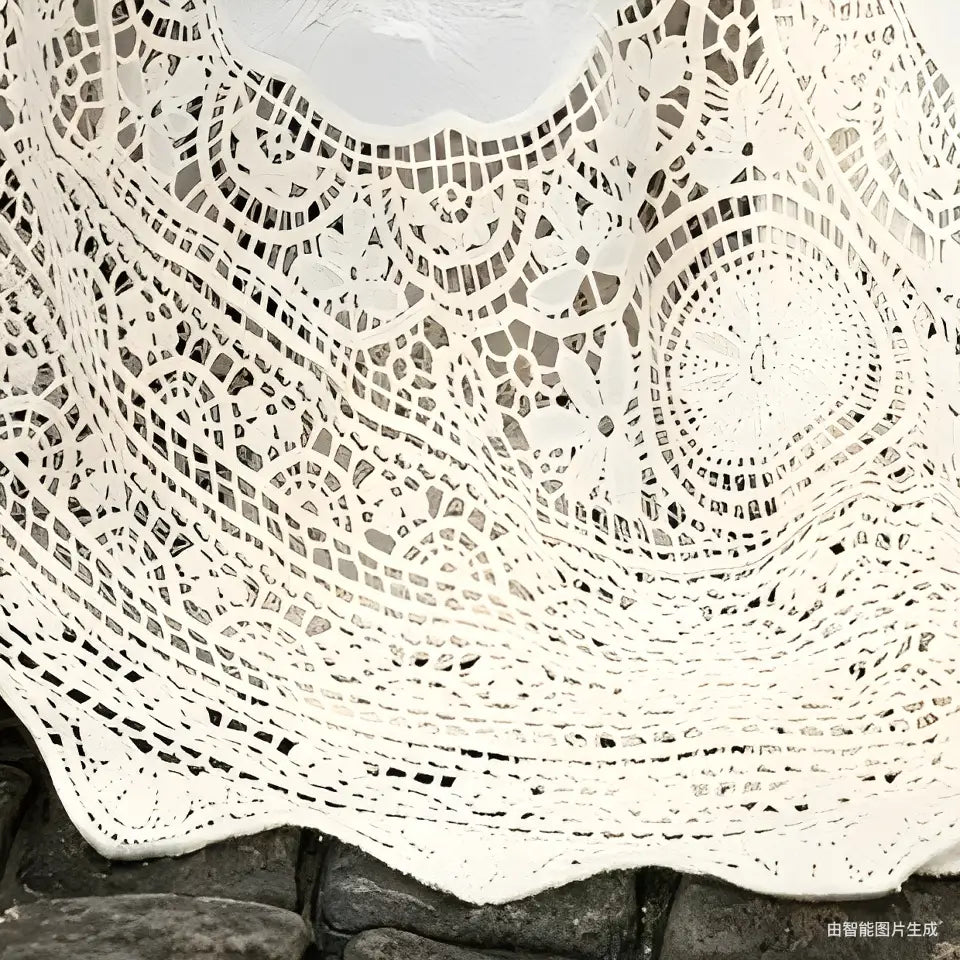 A delicate off-white crochet lace maxi skirt featuring intricate floral and geometric patterns suitable for summer wear.