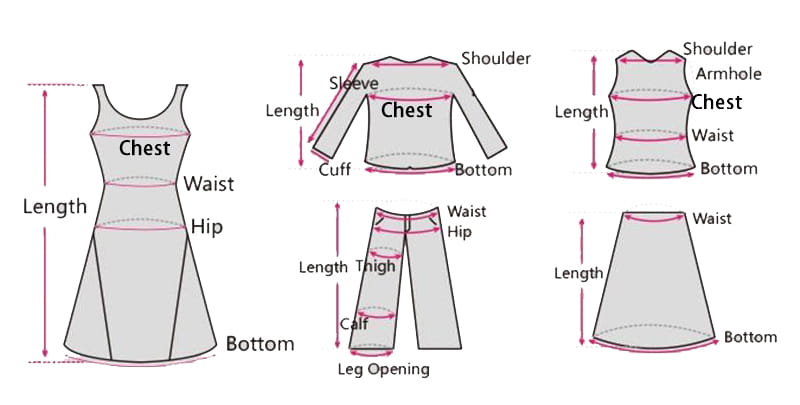 Graues schematisches Diagramm zur Veranschaulichung von Kleidungsmaßen mit beschrifteten Abmessungen für einen Damen-Schulterfreien Langarm-V-Ausschnitt-Top (schiere) Slim Casual Tee, einschließlich Umrissen von Kleid, Hose, Rock und Ärmellosem Oberteil.