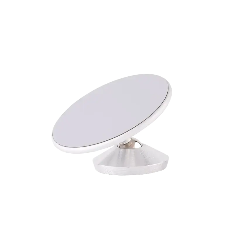Silver oval-shaped vanity mirror with polished metal base and frame shown with magsafe dual-sided magnetic phone stand for gyms and vehicles