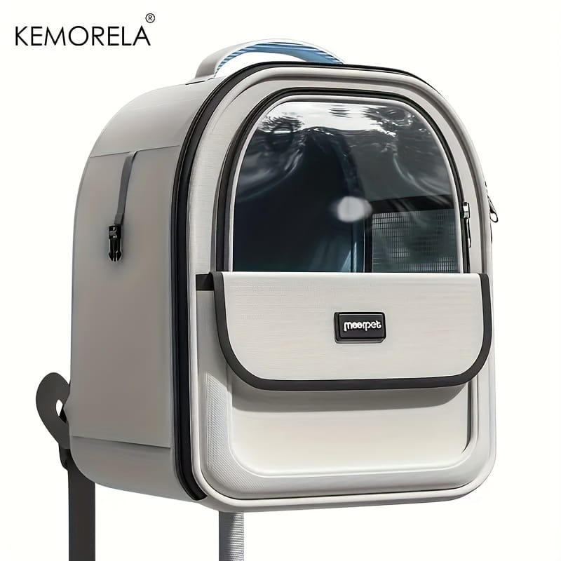 Una elegante mochila plegable para transportín de mascotas de malla gris claro Kemorela, con ventana frontal transparente y ribete negro.