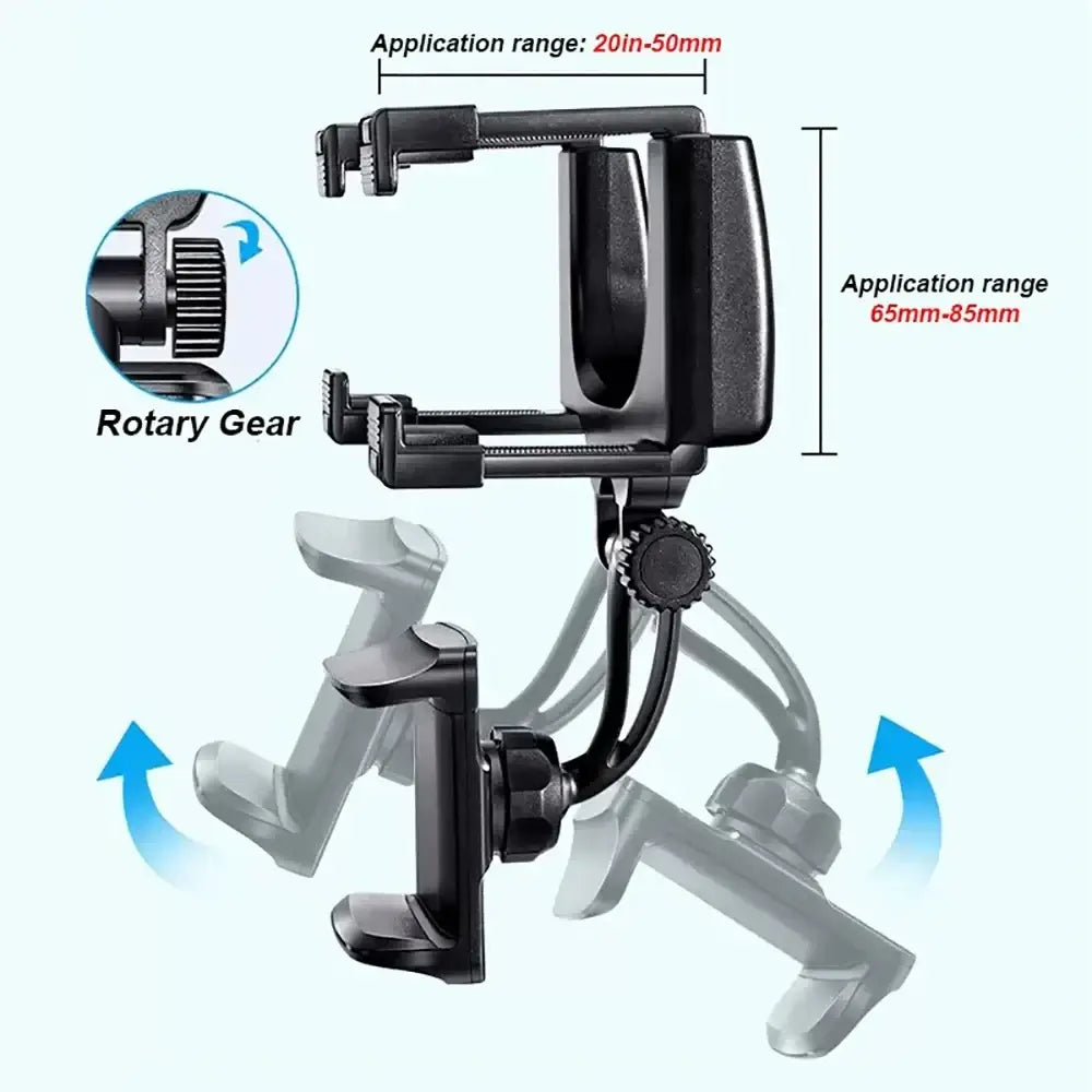 Black car phone holder with adjustable rotary gear for secure device holding on rearview mirror mount