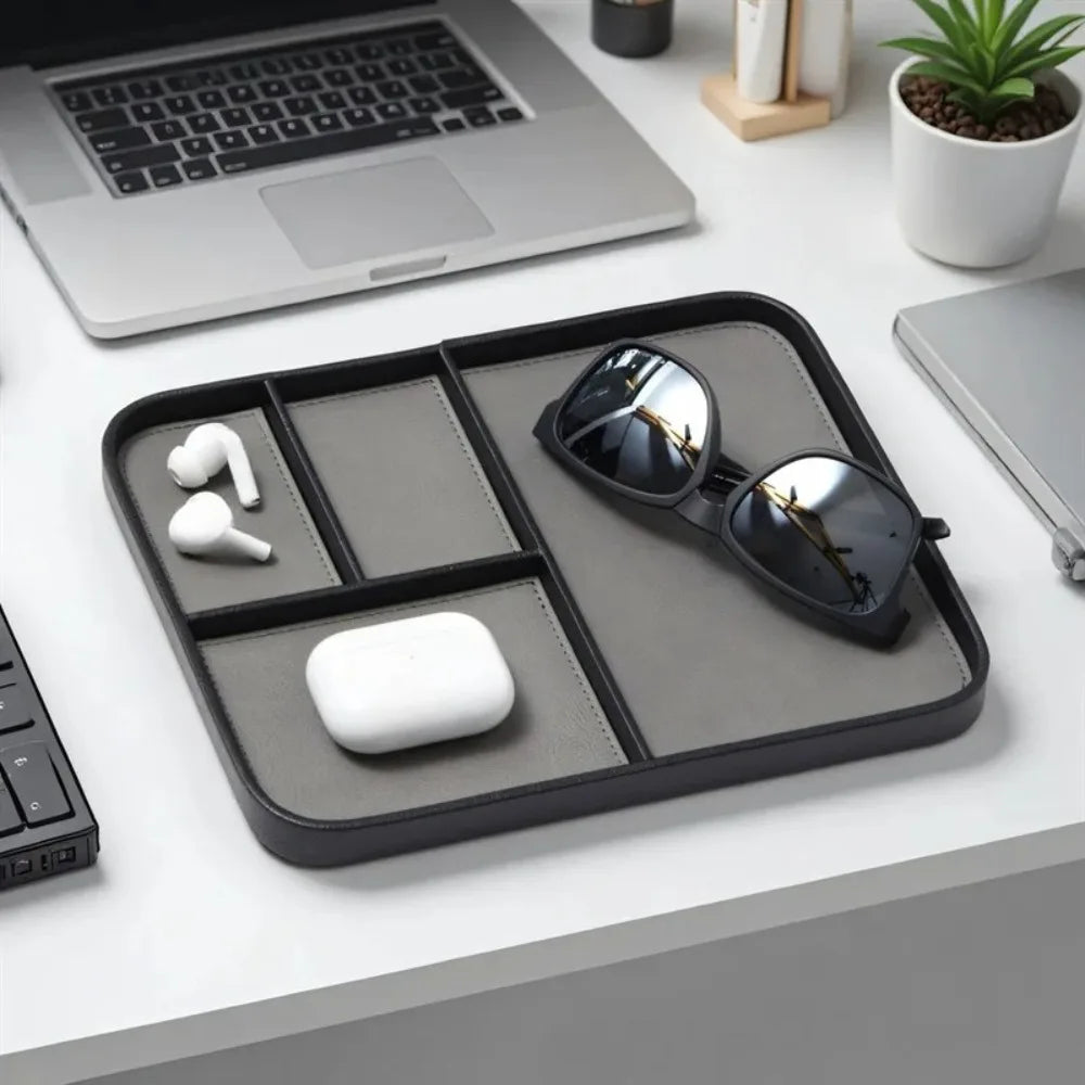 Leather Storage Tray, Desktop Bedside Organizer Tray for Phone Watch Keys Jewelry, Minimalist European Style Home Office Decor