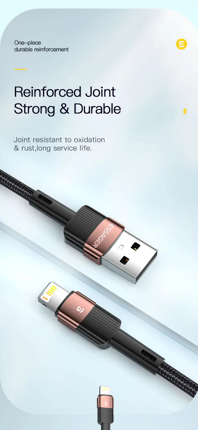 Essager iPhone-Schnellladekabel 2,4 A in Schwarz und Roségold mit verstärkter geflochtener Ausführung für hohe Strapazierfähigkeit und schnelles Laden.