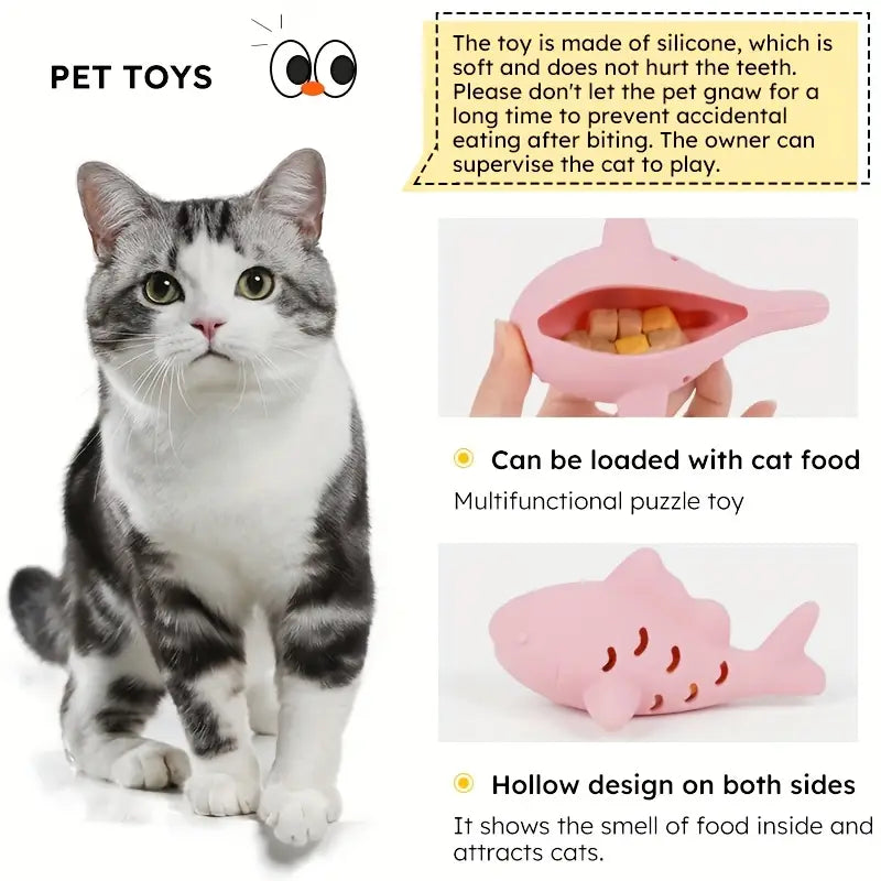 juguete de gato de silicona rosa con forma de tiburón, diseño hueco e interior relleno de alimentos como juguete dispensador de golosinas en forma de pez para mascotas pequeñas.