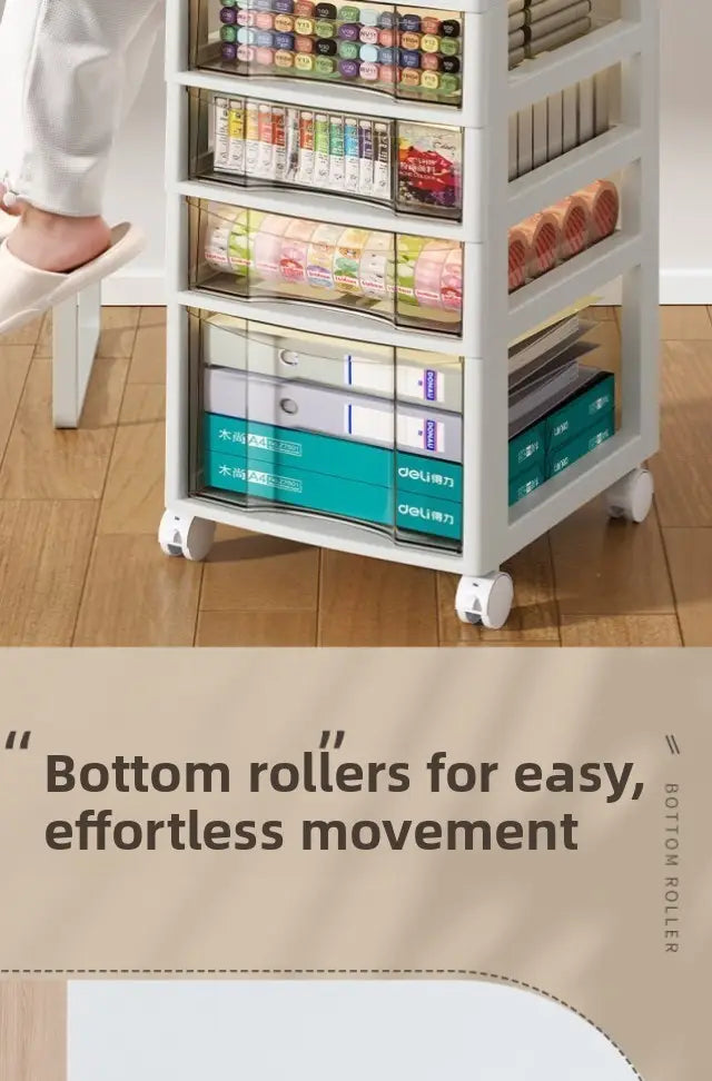 White plastic office desktop organizer storage tower with clear drawers and bottom rollers offering a versatile storage solution.