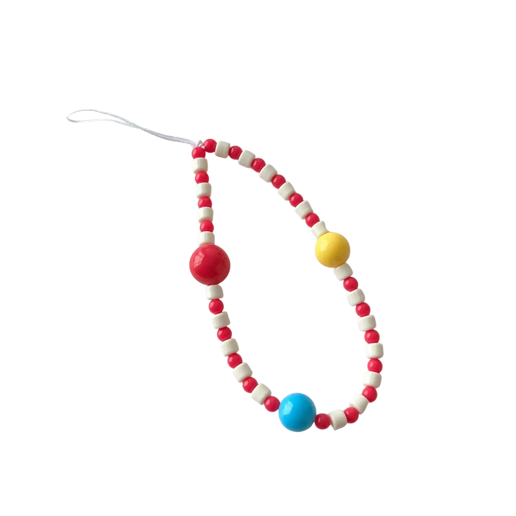 Colorful ins cute phone wrist strap with alternating red and white beads and three larger yellow blue red accent beads