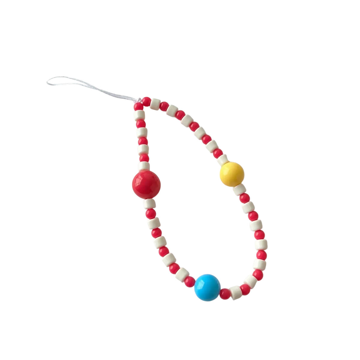 Colorful ins cute phone wrist strap with alternating red and white beads and three larger yellow blue red accent beads