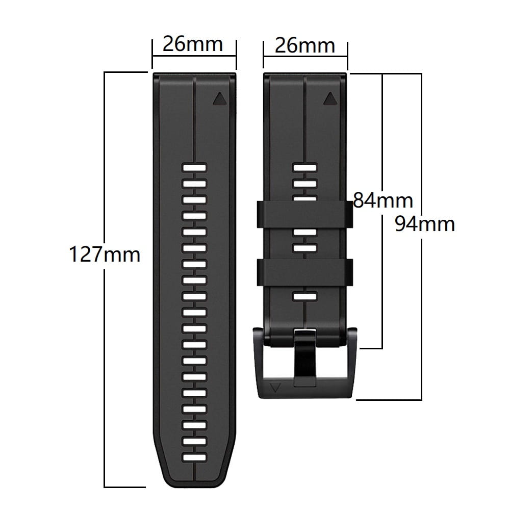 Schwarzes Silikonarmband für Garmin Fenix mit schlankem, minimalistischen Design und präzisen Maßen für Garmin Forerunner-Modelle.