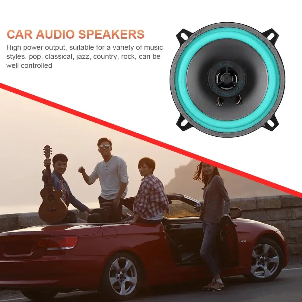 Teal and black car audio speaker with a circular design and four mounting brackets for universal hifi coaxial subwoofer audio stereo use.