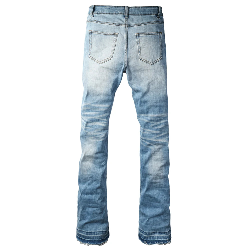 Men Light Blue Boot Cut Denim Jeans Casual Classic Released Hem Pants Long-Legged Trousers for Tall High Quality