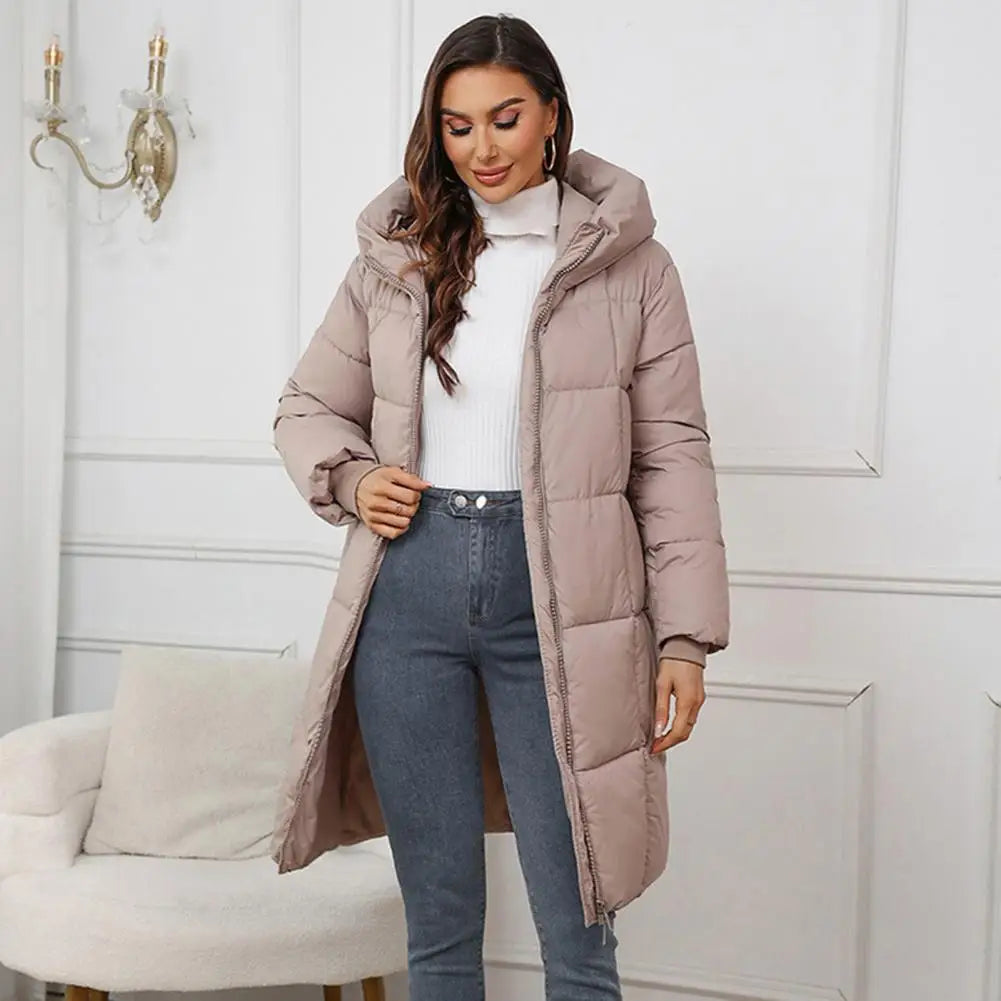 Women Long Hooded Down Jacket Winter Coat Women’s Winter Jacket with Hood Thickened Padded Down Coat Slim Waist Mid-length