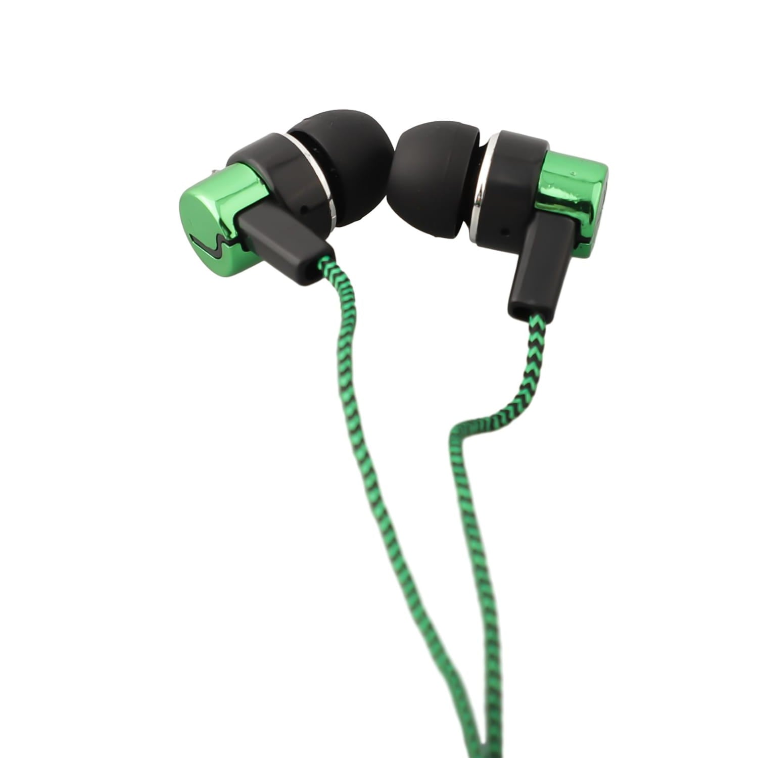 Écouteurs intra-auriculaires stéréo filaires pour basses en vert et noir, avec câble tressé et prise jack 3,5 mm, pour des performances audio améliorées.
