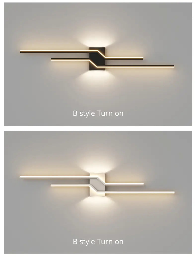 Aplique de pared LED minimalista con luz de tira moderna, con un diseño geométrico elegante en negro o blanco e iluminación LED integrada para uso interior contemporáneo.