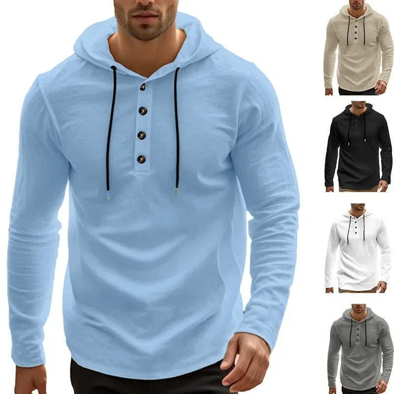 2026 New Men's  T-Shirts Spring Summer Hooded Cotton Linen Tops for Men Soft Loose Henley Shirt Casual Button Long Sleeve Shirts