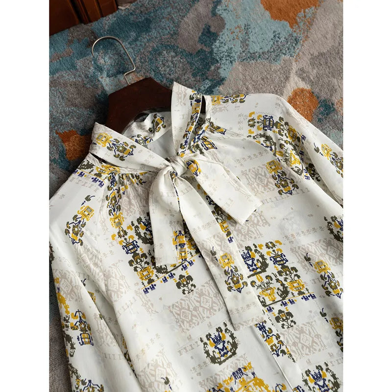 Women's Chiffon Blouses And Shirt Summer Tops Elegant Bow-tie Long Sleeve Casual Blouse Elegant OL Workwear Vintage Print Blusas