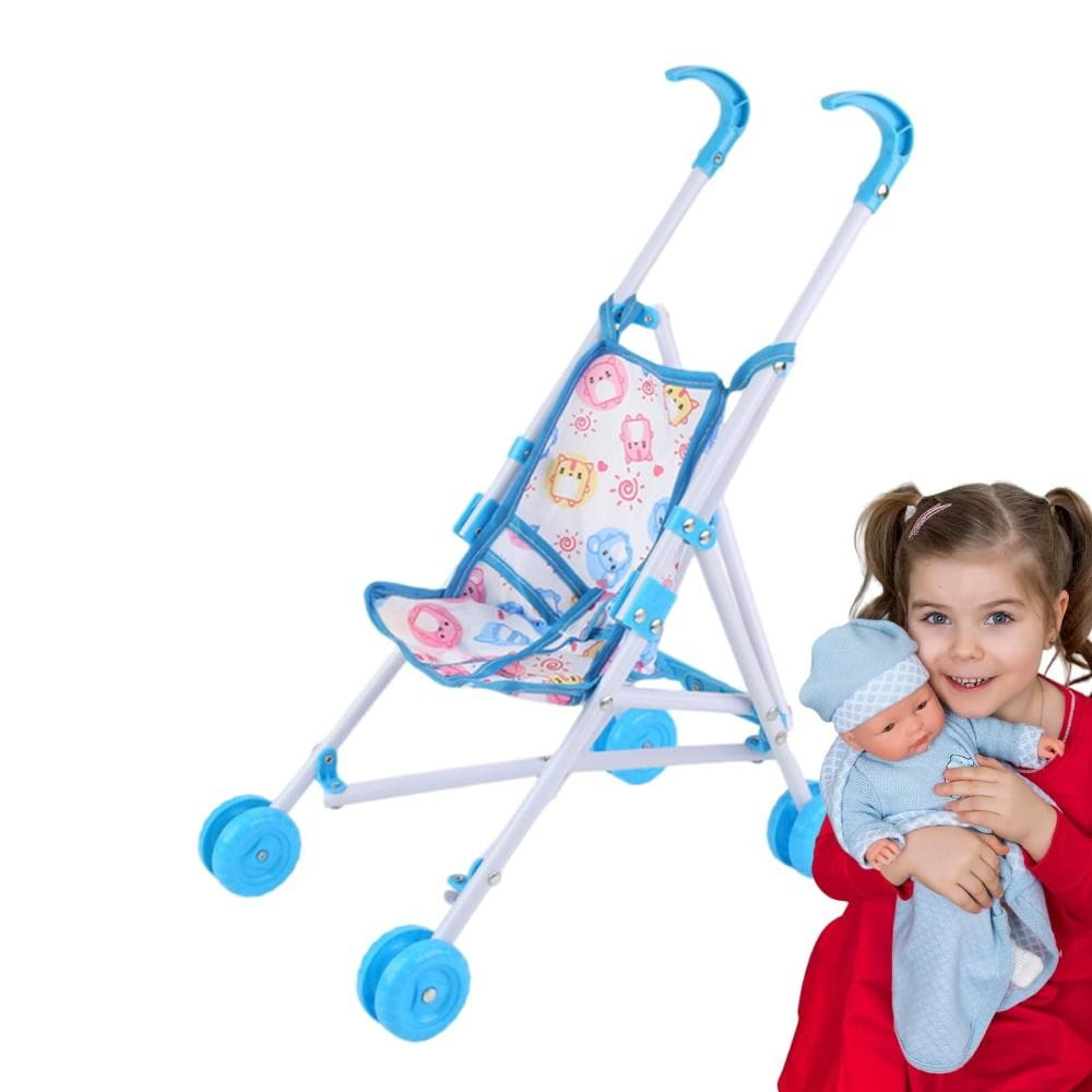 Blauer und weißer Puppenkinderwagen mit einem Cartoon-Eulenmuster auf dem Stoff-Sitz, als Puppenwagen für Kinder gestaltet.