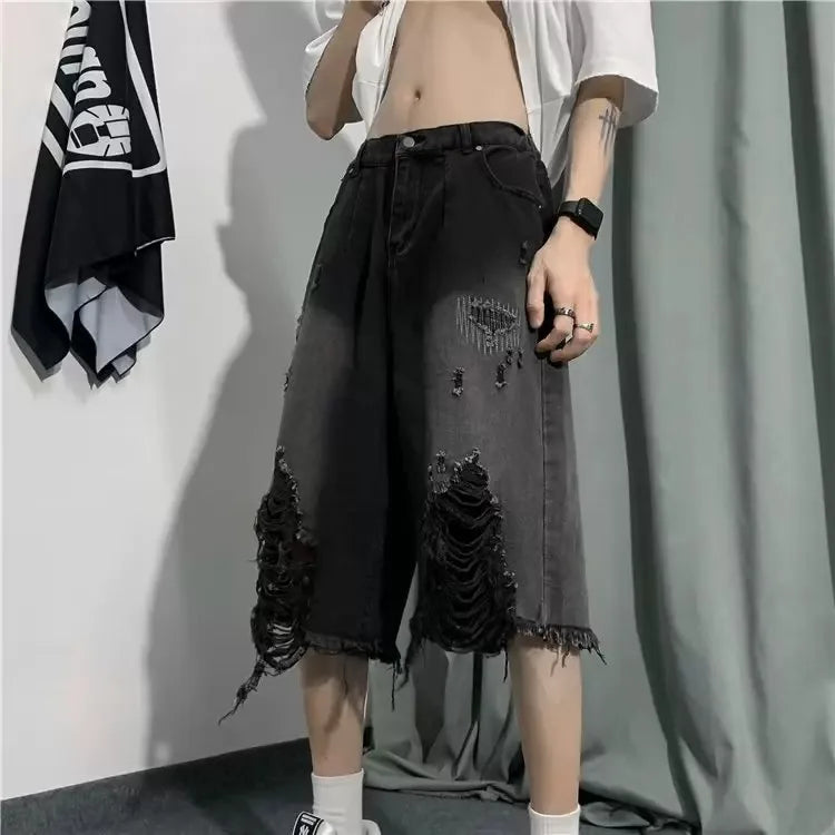 Men's Jeans Ripped Denim Man Pants Cropped Pants Casual Summer Vintage Streetwear Wide Leg Stylish
