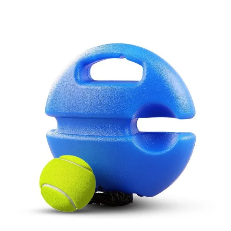 Blue plastic dog fetch toy with handle and slot for holding tennis balls from Solo Tennis Trainer Rebound Ball Set.