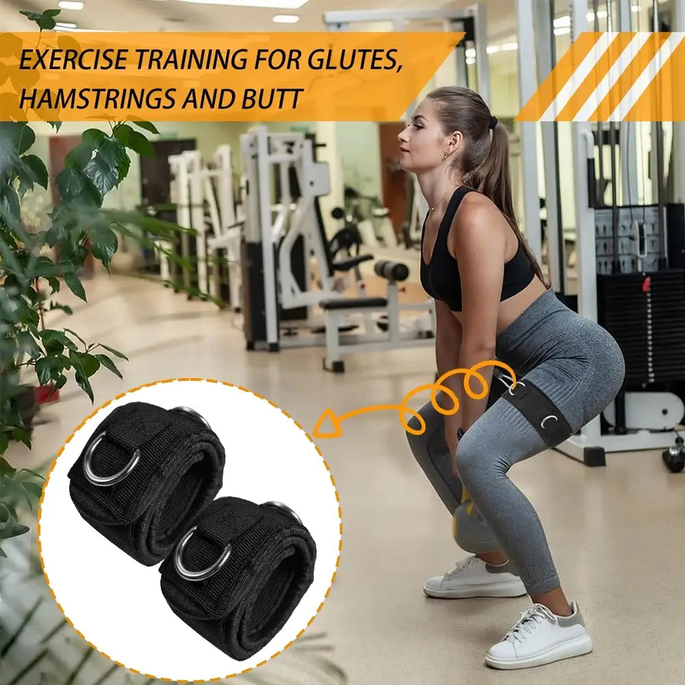 schwarzer Stoff-Ankelriemen mit silbernen Metall-D-Ringen, ausgelegt für Kabelzugmaschinen-Gymnastikzubehör für Glute- und Hamstring-Training.
