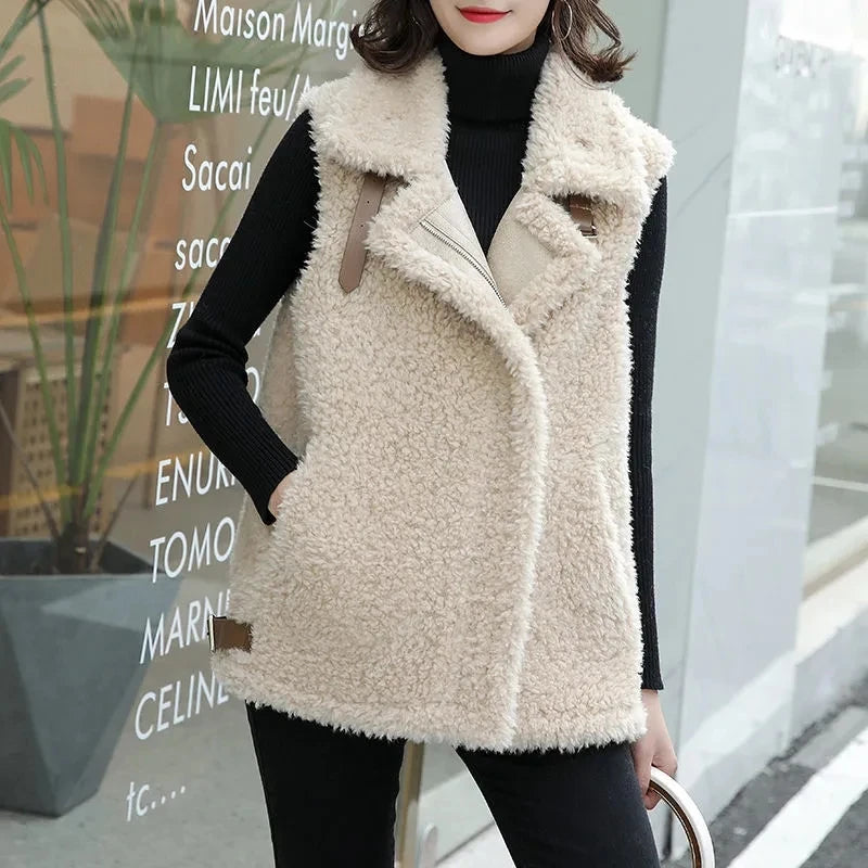 Women Vest Jacket Autumn Winter Lamb Wool Gilet Korean Fashion Sleeveless Waistcoat Solid Thick Warm Zipper Coat Chaleco Mujer