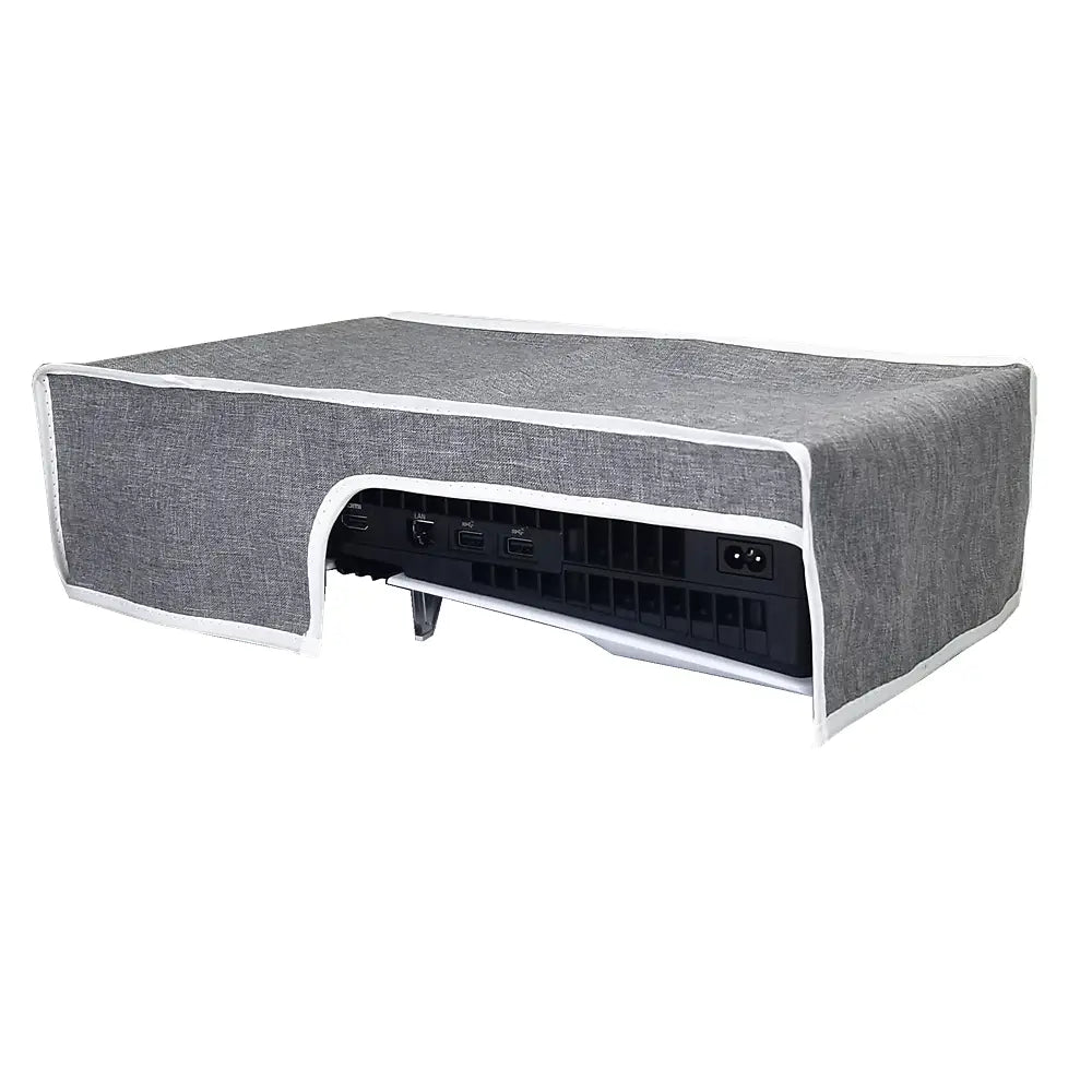 gray textured oxford cloth dust cover with white trim designed to fit over the ps5 pro console horizontal for protection
