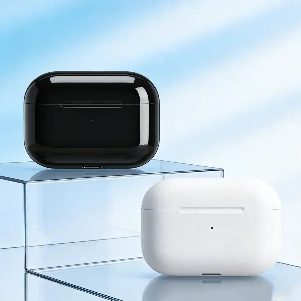 black and white chuban wireless earbuds charging cases with glossy finishes highlighting long battery life and low-latency listening experience