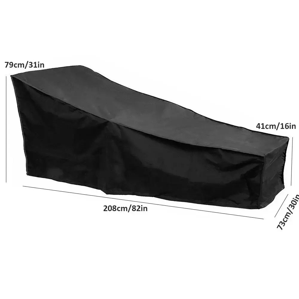 Funda para chaise longue de exterior de tejido resistente color negro, diseñada para ser impermeable y resistente a la intemperie para sillones largos.
