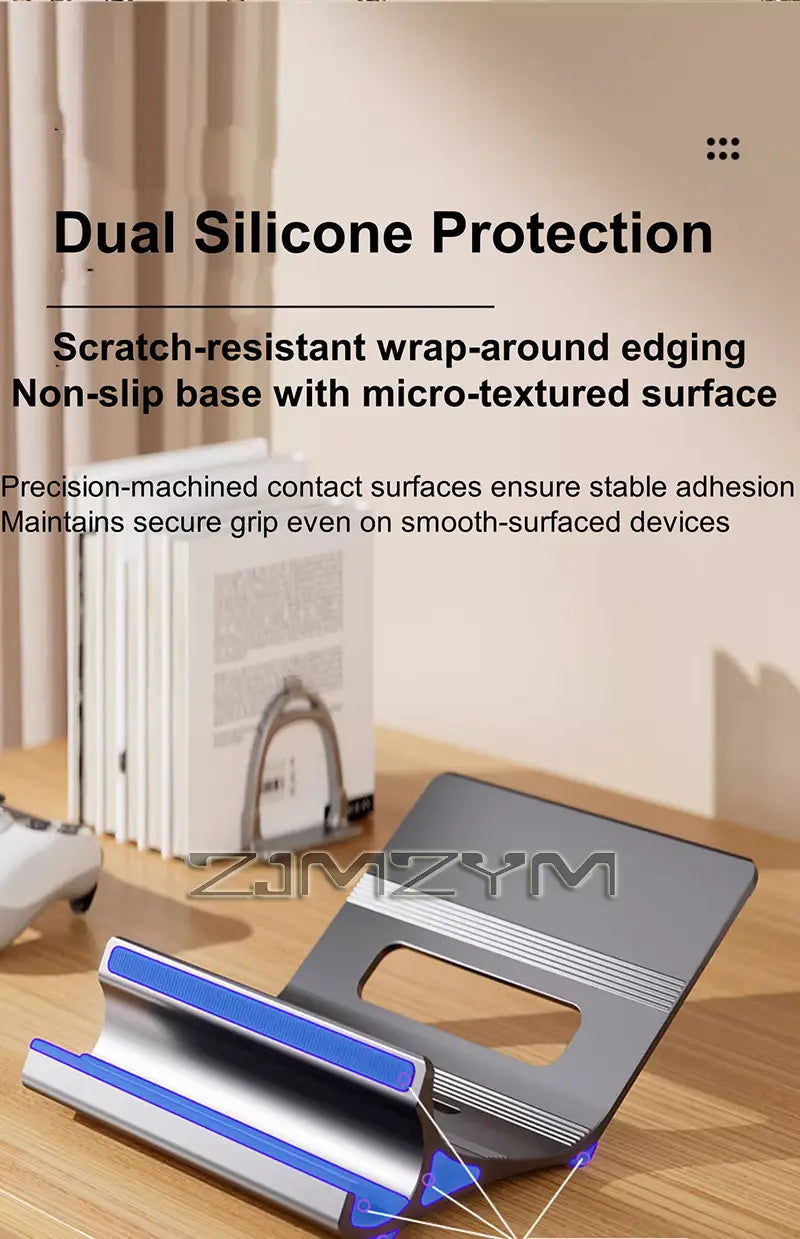 Silver and blue dual silicone protection aluminum laptop stand with adjustable design and textured grip surfaces.