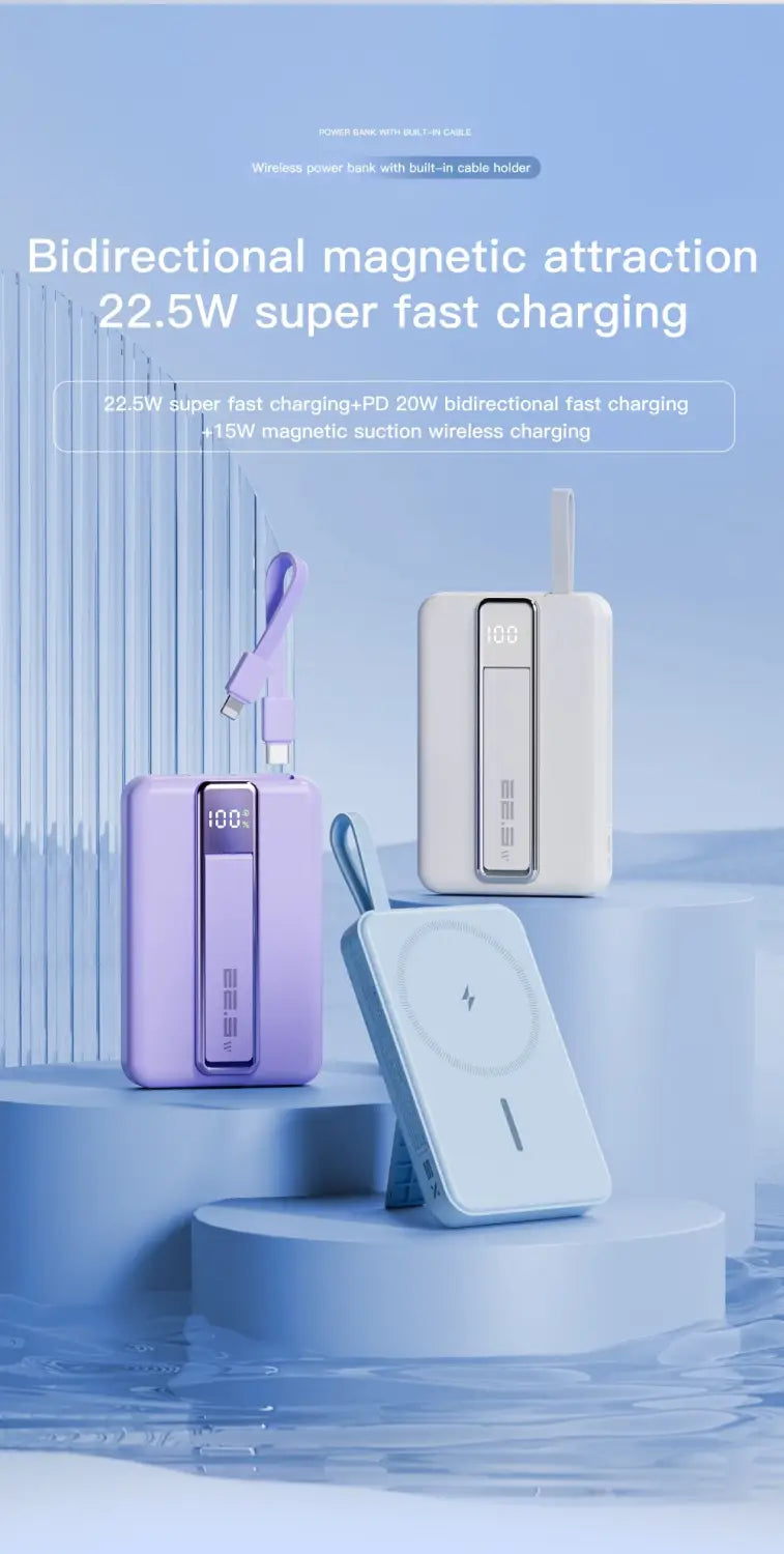 Lavender-colored rectangular magnetic power bank 10000mah 20w fast charging with digital display, magnetic charging port, and 5v=3a 9v=2a output capabilities.