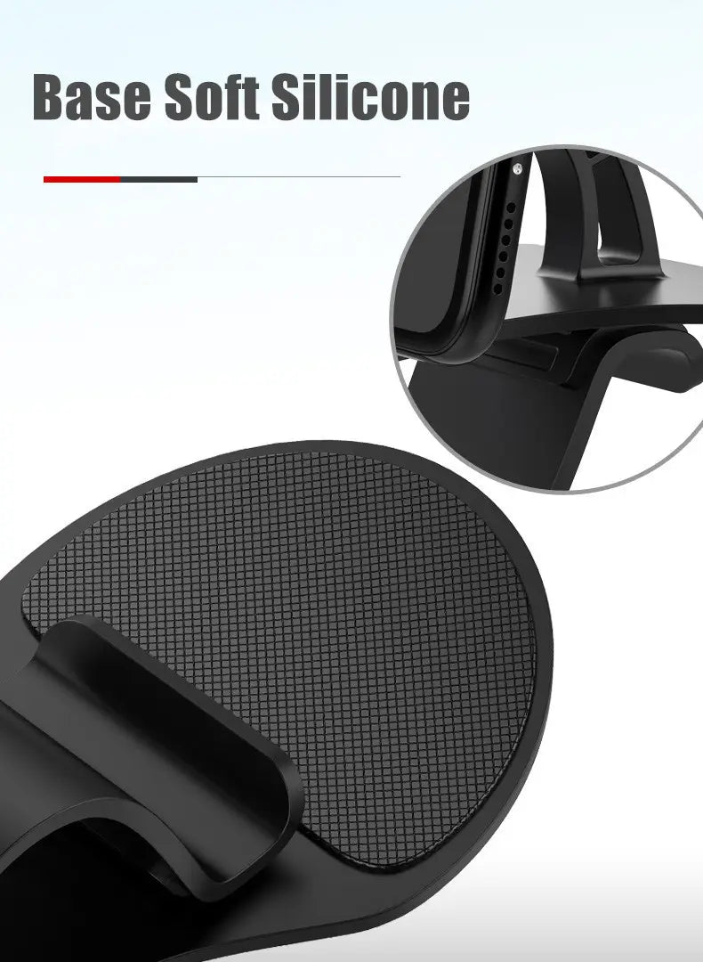 black soft silicone base with textured grid pattern and molded clip design of the back side of a car phone holder 360 rotatable dashboard mount universal