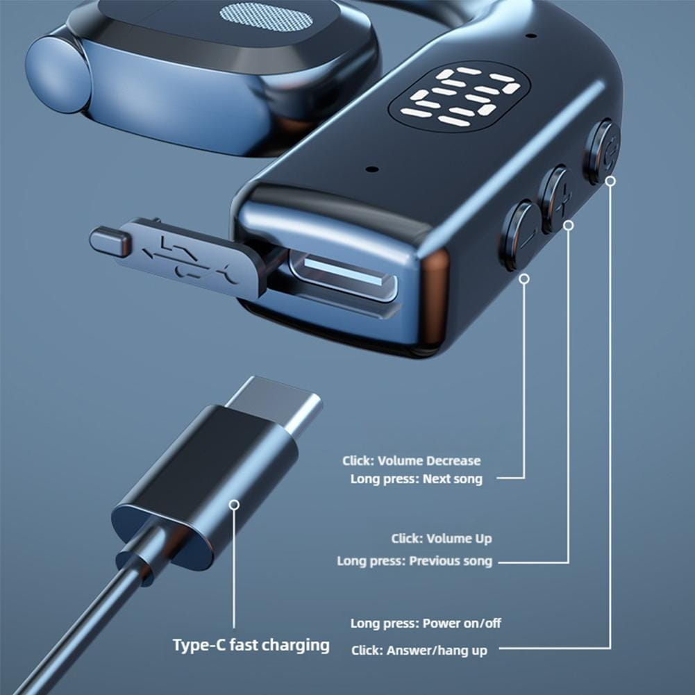 black and blue metallic bluetooth car charger with usb-c fast charging port volume control buttons and digital display compatible with Bluetooth 5.4 wireless gaming sports earbuds.