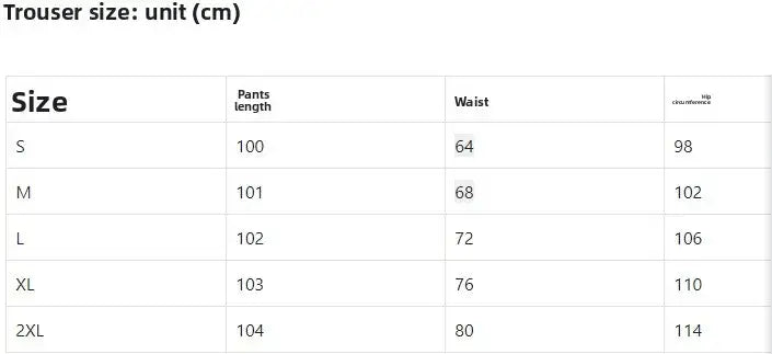 Tableau des tailles pour l’ensemble de tailleur d’affaires pour femme cadre rose, pantalon, indiquant les mesures en centimètres pour les tailles S à 2XL.