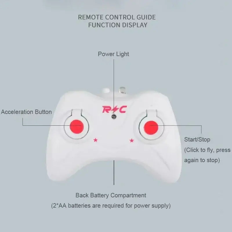 white remote control with red circular buttons and central logo designed for remote control induction helicopter led drone highlighting charging time and flight time features