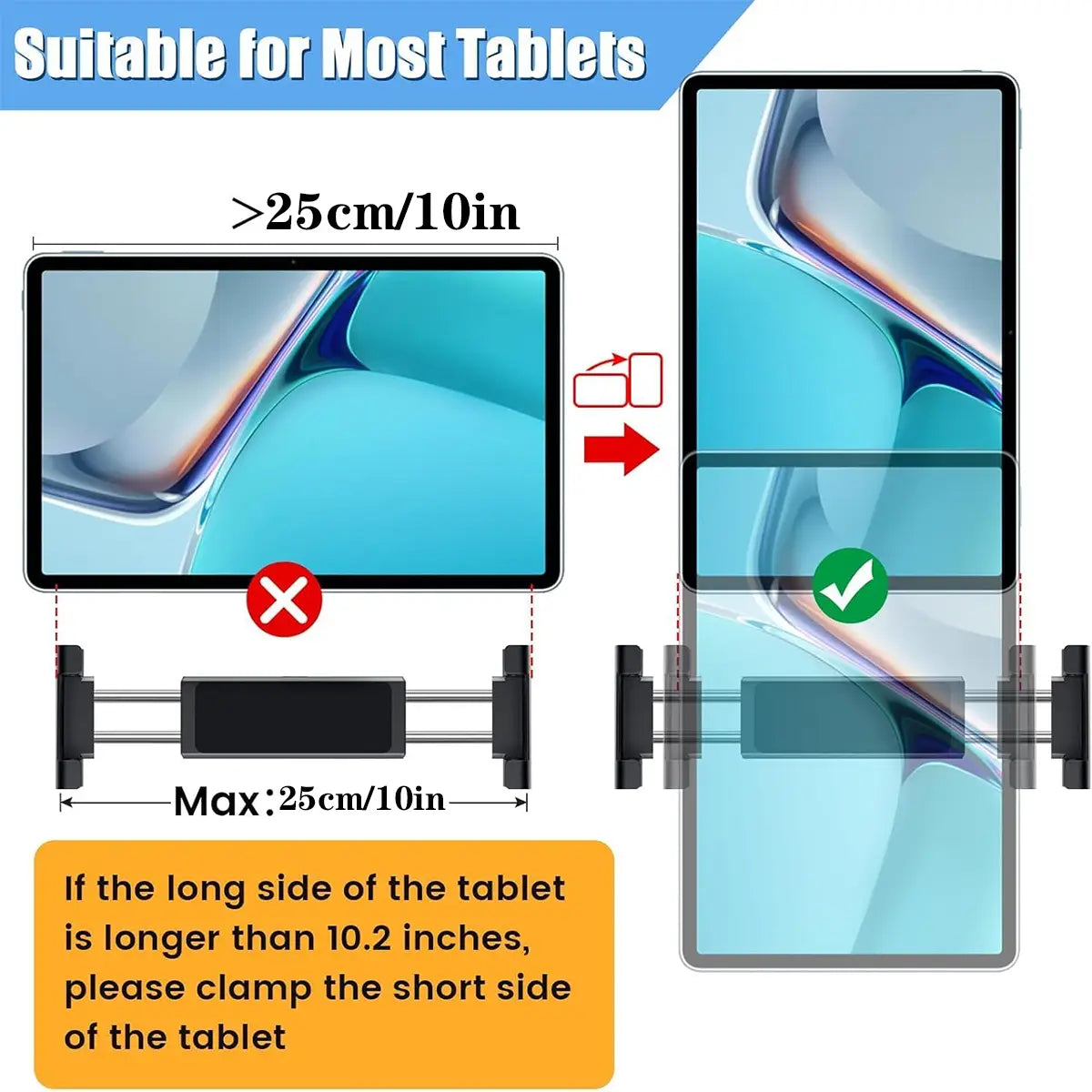 Soporte para tableta ajustable de color negro con mecanismo de abrazadera deslizante para tabletas de más de 10.2 pulgadas de longitud, diseñado para sujetar de forma segura los dispositivos vertical u horizontalmente en un soporte para tableta en el reposacabezas del automóvil para dispositivos de 4.7 a 12.9 pulgadas