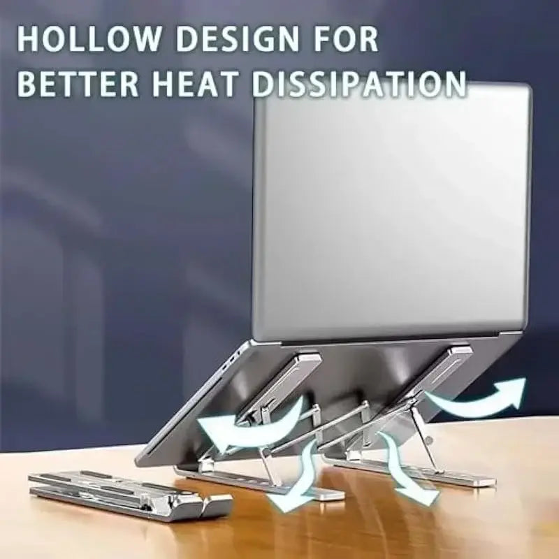 silver metallic aluminum foldable laptop stand with hollow design for better heat dissipation and adjustable notebook riser features