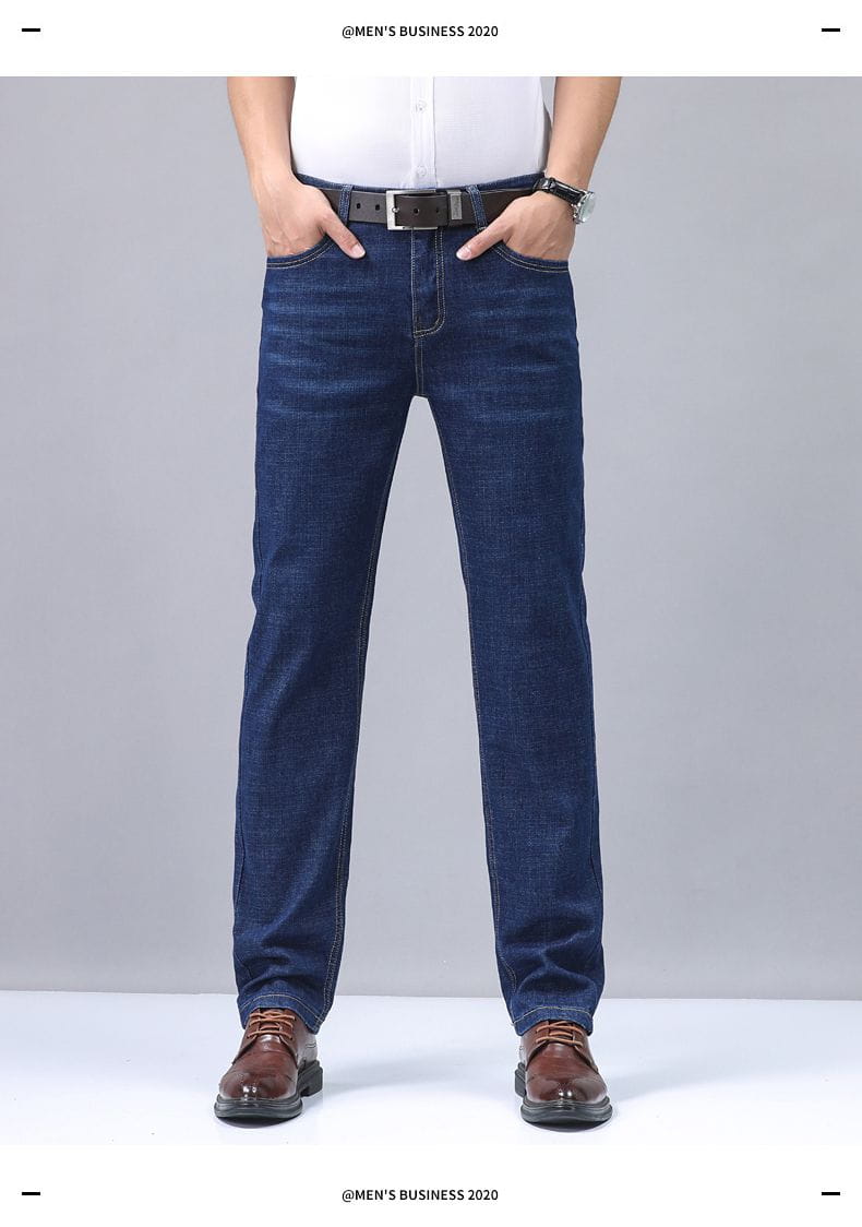 Men’s dark blue stretch cotton straight jeans with a casual trousers design and classic stitching.